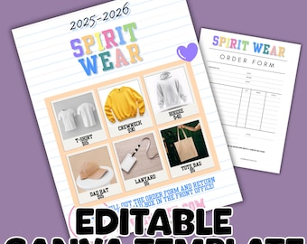 Plantilla de Canva para formulario de pedido de ropa escolar editable, recaudación de fondos de PTA y PTO, camisetas, sudaderas, gorras, hojas de pedido de ropa escolar, imprimibles, descargas en PDF.