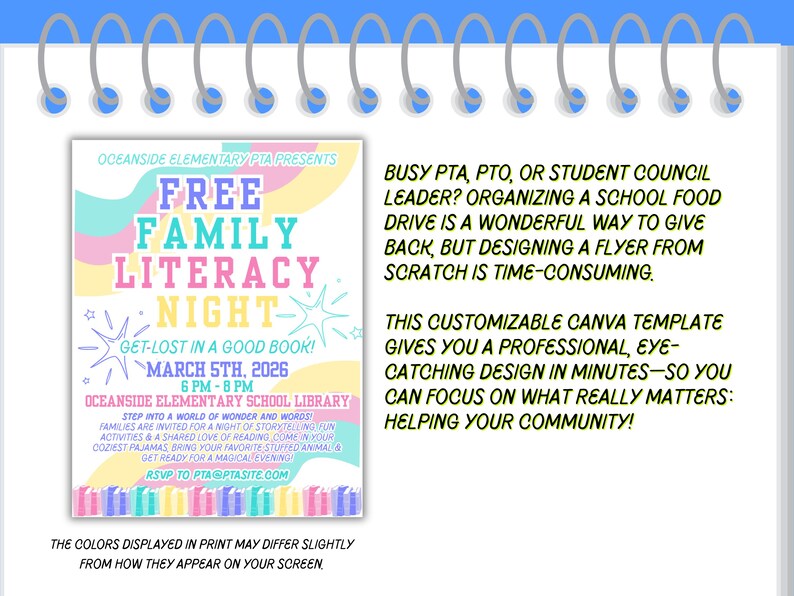 Reading Program Pto Editable Literacy Night Flyer Template PTO PTA School Event Reading ...