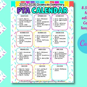 Pode incluir: Um modelo de calendário PTA colorido de 8,5x11 polegadas para o ano letivo de 2025-2026, com um design turquesa e rosa e um padrão semelhante a confetes. O calendário inclui datas de eventos para cada mês, com o texto "2025-2026 Oceanside Elementary PTA CALENDAR".
