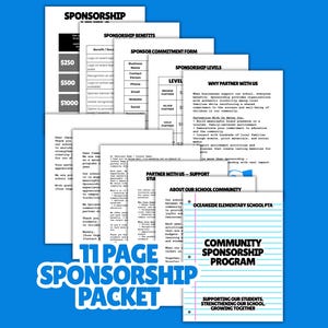 May include: A stack of white paper documents with black text on a blue background. The documents include information about sponsorship levels, benefits, and a commitment form. Text on the documents includes "Sponsorship," "Community Sponsorship Program," and "11 Page Sponsorship Packet."