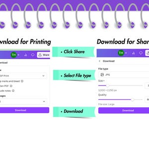 May include: A digital interface with options for downloading files for printing or sharing. The interface includes options for file type, size, and quality. The text includes "Download for Printing", "Download for Sharing", "Click Share", and "Select File type".
