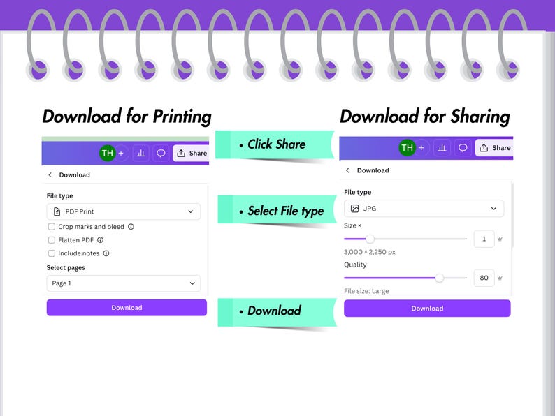 May include: A digital interface with options for downloading files for printing or sharing. The interface includes options for file type, size, and quality. The text includes "Download for Printing", "Download for Sharing", "Click Share", and "Select File type".