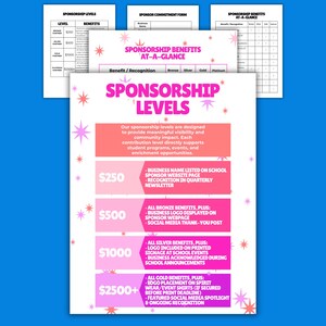May include: A promotional graphic with the title "Sponsorship Levels" in pink and orange. The document outlines various sponsorship tiers, including Bronze, Silver, Gold, and Platinum, detailing the benefits for each level. The background is blue.