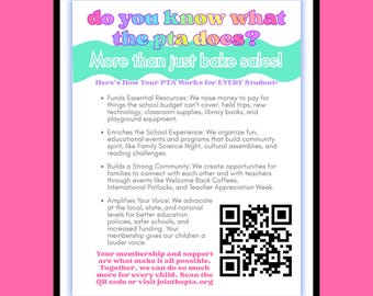 Pode incluir: Um tablet digital exibe um folheto com o texto "do you know what the pta does?" em letras coloridas. O folheto lista as funções da PTA, incluindo arrecadação de fundos e construção de comunidade, com um código QR.