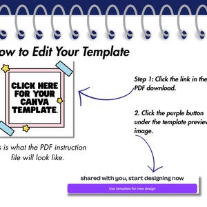 May include: A digital template guide on a spiral notebook page. The guide includes instructions on how to edit a Canva template. The text includes "CLICK HERE FOR YOUR CANVA TEMPLATE" and "Use template for new design."