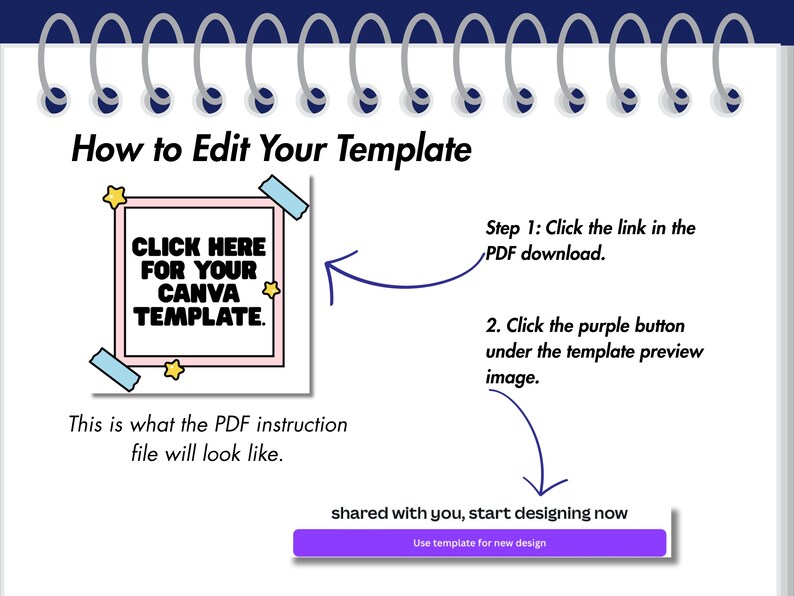 May include: A digital template guide on a spiral notebook page. The guide includes instructions on how to edit a Canva template. The text includes "CLICK HERE FOR YOUR CANVA TEMPLATE" and "Use template for new design."