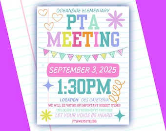 PTA Meeting Flyer Editable Pastel Canva Template School Event Announcement Printable PTO Monthly Agenda Back to School Invite PTSA