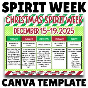 PTA Christmas Spirit Week Flyer Template - Editable Canva Holiday School Event Flyers, Teachers 3 Sizes PTO Printables Digital Download