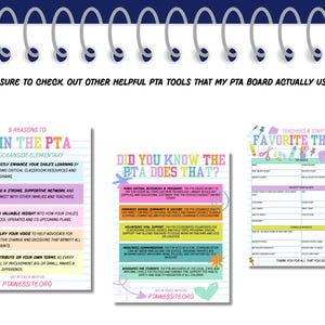 May include: A spiral-bound notebook with three colorful PTA-related flyers. The flyers include information about joining the PTA, what the PTA does, and a "Favorite Things" list for teachers and staff. The text is in English.