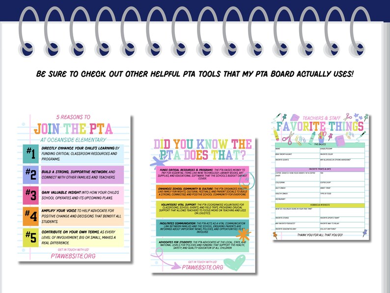 May include: A spiral-bound notebook with three colorful PTA-related flyers. The flyers include information about joining the PTA, what the PTA does, and a "Favorite Things" list for teachers and staff. The text is in English.