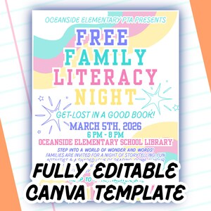 Può includere: Un volantino per una serata di alfabetizzazione familiare gratuita alla Oceanside Elementary School. Il design presenta colori pastello e grafiche a stella. Il testo include i dettagli dell'evento: 5 marzo 2026, 18:00 - 20:00.