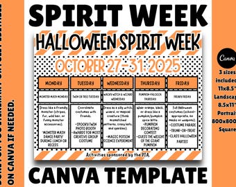 May include: A Halloween Spirit Week Canva template with a schedule for October 27-31, 2025. The design features orange and white stripes, black polka dots, and a black Canva logo. Includes 3 sizes: 28x21.6cm, 21.6x28cm, and 800x800px.