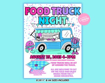 Editable Food Truck Night Flyer Canva Template School Fundraiser PTA PTO Family Event Community Dinner Teacher Printable Poster Template Kit