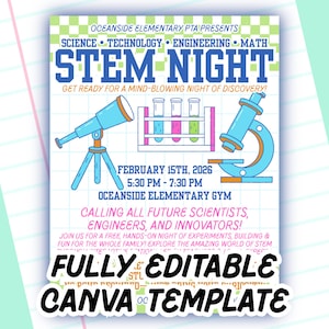 STEM Night Flyer Template PTA PTO Fundraiser Canva Template Science Night School Event Editable Flyer Social Media Graphic Instant Download