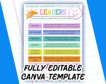 May include: A colorful flyer on a blue background, advertising for PTA leaders. The flyer lists open positions: President, Vice President, Treasurer, Secretary, Volunteer Coordinator, and Communications Chair. The text "FULLY EDITABLE CANVA TEMPLATE" is at the bottom.