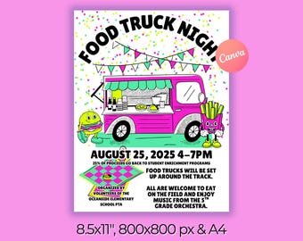 Szablon ulotki na zbiórkę funduszy Food Truck Night Edytowalny szablon ulotki na wydarzenie rodzinne PTA PTO Szkolny wieczór rodzinny Szablon ulotki na wydarzenie społeczne Pobieranie cyfrowe Plakat Canva