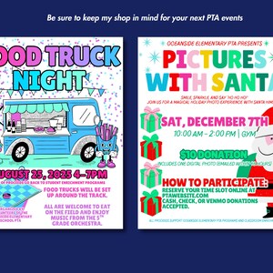 May include: Two colorful event flyers. One promotes a "Food Truck Night" on August 25, 2025, with a cartoon food truck. The other advertises "Pictures with Santa" on December 7th, with a Santa illustration and gift boxes.