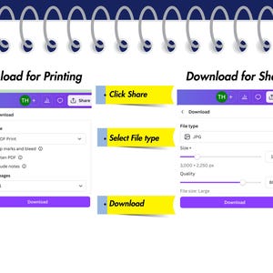 May include: A digital interface with options for downloading files for printing or sharing. The interface includes options for file type, size, and quality. The text includes "Download for Printing" and "Download for Sharing".