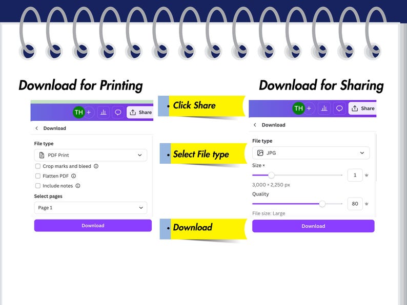 May include: A digital interface with options for downloading files for printing or sharing. The interface includes options for file type, size, and quality. The text includes "Download for Printing" and "Download for Sharing".