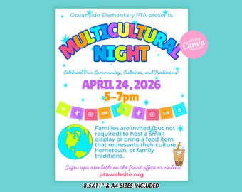 Multiculturele avond foldersjabloon School familie culturele gemeenschap evenement bewerkbare canva poster PTA PTO-aankondiging digitale download