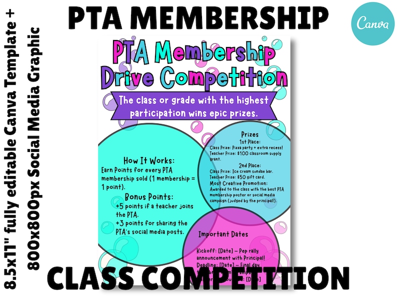 May include: A colorful PTA Membership Drive Competition flyer. The design includes text and graphics, with information on how to earn points and win prizes. The flyer is an 8.5x11 inch Canva template and a social media graphic.