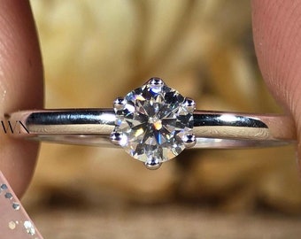 Anello di fidanzamento in oro bianco 18 kt con 6 punte da 0,50 ct/0,75 ct/1,00 ct, taglio rotondo incolore, creato in laboratorio, classico anello solitario da sposa con taglio rotondo, sorpresa per anniversario.