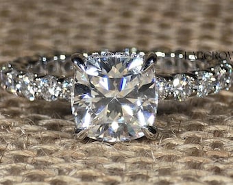 1.0 to 2.0 CT Cushion Cut Lab Grown Diamond Ring, Hidden Halo-Pave Engagement Ring, Diamond Wedding Ring for Women, Full Eternity Ring Gift