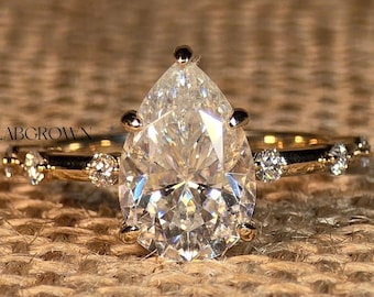 3.0 CT Pear Cut Lab Grown Diamond Engagement Ring, VVS/VS1  Lab Created Diamond, Distance Pave Ring, Comfort Fit, Diamond Ring for Women.