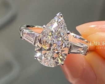 Anillo de propuesta con diamantes cultivados en laboratorio, anillo de compromiso con diamantes en forma de pera, anillo de tres piedras, anillo de 3 diamantes en forma de pera para novia, anillo de diamantes en forma de baguette en forma de pera.