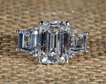5.00CT Emerald Cut Lab Grown Wedding Ring, Trilogy Designer Anniversary Gifts, Side Stone Trapezoid Accents, Minimalist Promise Ring For Her