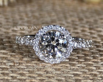 Round Cut Lab Grown Wedding Ring,Halo Pave Setting Designer Engagement Ring, IGI Certified Round Anniversary Ring,Lab Grown Ring For Women's