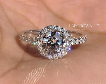 0.75CT TO 1.25CT Round Cut Lab Grown Halo Pave Setting, Solid White Gold Bridal Wedding Ring, Brilliant Cut Solitaire Ring For Women's,Gifts