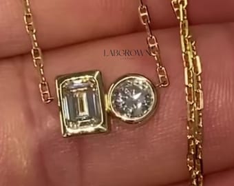 Toi Et Moi Two Stone Necklace, Emerald cut with Round cut Moissanite Engagement Pendant With Chain, 1st Anniversary Gift For Wife