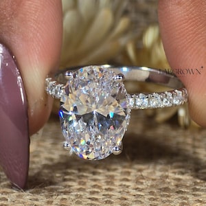 4Carat Oval Lab grown Diamond Engagement Ring, Pave Set Hidden Halo Ring 18k Solid Gold 4-Prongs Ring,Designer Wedding Ring For Bridal