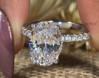 4Carat Oval Lab grown Diamond Engagement Ring, Pave Set Hidden Halo Ring 18k Solid Gold 4-Prongs Ring,Designer Wedding Ring For Bridal
