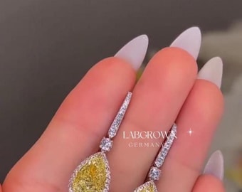 Yellow Pear Cut Lab Diamond Earrings |Luxury Dangle Tear Drop Earrings| White Gold Clip On Beautiful Earrings /Designer Hidden Halo Earrings