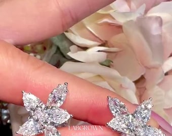 Marquise & Pear Cut Lab Grown Stud Earrings, Cluster Diamond Earrings, Any Occasion Simple Earrings, Five Stone Floral Style Stud Earrings