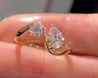 Pear & Round Brilliant Diamond Ring Toi Et Moi Ring Real Lab Diamond Engagement Ring Two Stone Ring Pear Diamond Ring for Anniversary Gift