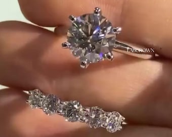 Anillo de compromiso de moissanita redonda de 3,00 quilates, engaste de 6 puntas con alianza de media eternidad, regalo perfecto para esposa, conjunto de anillos de oro blanco de 14 quilates.