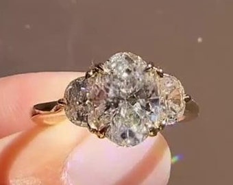 2.01 CT Oval Cut Lab Grown Diamond Engagement Ring, Three Stone Engagement Ring, Side Half Moon Lab Diamonds, IGI Certified, Ring for Women