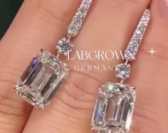 Emerald Cut Drop Lab Diamond Earrings, Halo Dangle Drop Lab Grown Diamond Earrings, 18k Solid White Gold, Wedding Earrings,Gift For Mother's