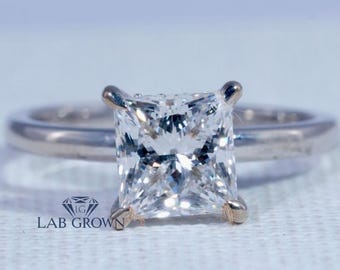 2CT Princess Cut VS1+  Lab Grown Diamond Ring Hidden Halo Setting Anniversary Gift Unique 18K White Gold CVD IGI Certified Diamond Ring