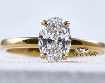Oval Diamond Engagement Ring Lab Grown Diamond Solitaire Wedding Anniversary Gifts 10K Solid Yellow Gold Simple Diamond Ring for Proposal