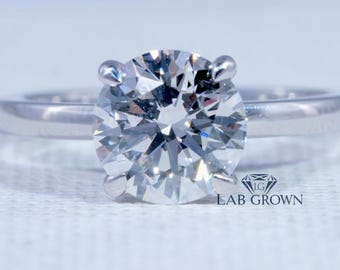Round Cut Lab Grown Diamond Engagement Ring Hidden Halo Four Prong Setting Handmade 18K Solid Gold Diamond Proposal Ring Anniversary Gifts
