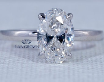 Anillo de compromiso con diamantes cultivados en laboratorio de talla ovalada, anillo para el primer aniversario de bodas, anillo sencillo de oro blanco macizo de 14 quilates con certificación IGI, anillo de regalo personalizado.
