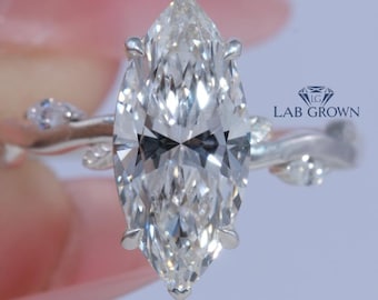 Anillo de compromiso inspirado en la naturaleza, diamante cultivado en laboratorio con talla marquesa, certificado por IGI, anillo de boda, anillo nupcial de oro blanco con estilo floral.