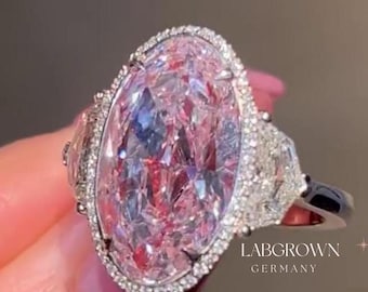 Anillo de compromiso con diamante rosa ovalado cultivado en laboratorio / Zafiros cultivados en laboratorio / Engaste de halo de tres diamantes de 11 quilates en oro blanco de 18 quilates / Joyería de estilo antiguo