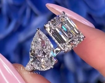 Anillo de compromiso con diamantes talla esmeralda y pera, auténtico diamante cultivado en laboratorio con engaste pavé de halo oculto, anillo de boda con diamante certificado por IGI para ella