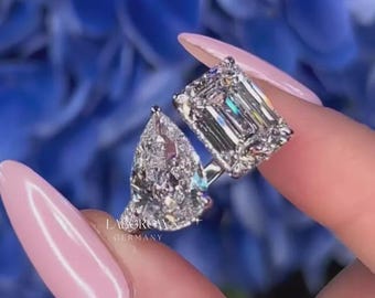 Ordine personalizzato: anello di fidanzamento in oro bianco 10K con diamanti taglio smeraldo e taglio a pera, con diamanti taglio a pera da 0,65 CT e diamanti taglio smeraldo da 0,95 CT coltivati in laboratorio.
