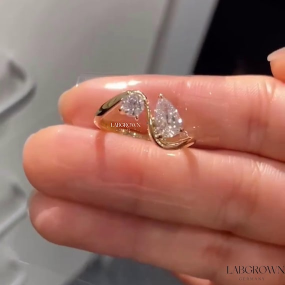 Pear & Round Brilliant Diamond Ring Toi Et Moi Ring Real Lab Diamond Engagement Ring Two Stone Ring Pear Diamond Ring for Anniversary Gift